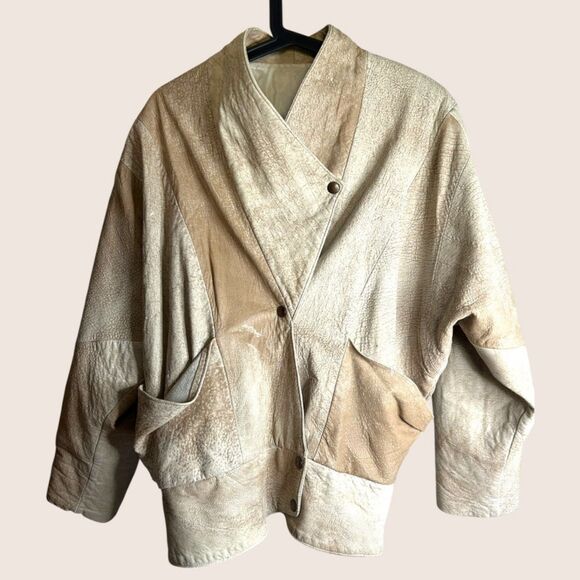🍦 VTG LEATHERBOUND LTD GENUINE SUEDE LEATHER CREAM BEIGE PATCHWORK JACKET LARGE